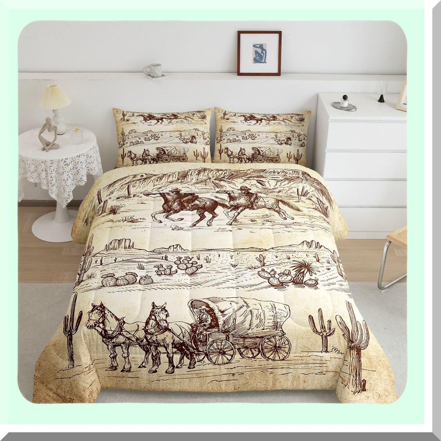 Wild West Cowboy Comforter Set - Retro Desert Bedding Collection with Brown Duvet Insert - 3 Piece Western Quilt Set - ZZRS3220ZMD-BZ - US King Size