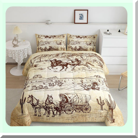 Wild West Cowboy Comforter Set - Retro Desert Bedding Collection with Brown Duvet Insert - 3 Piece Western Quilt Set - ZZRS3220ZMD-BZ - US King Size