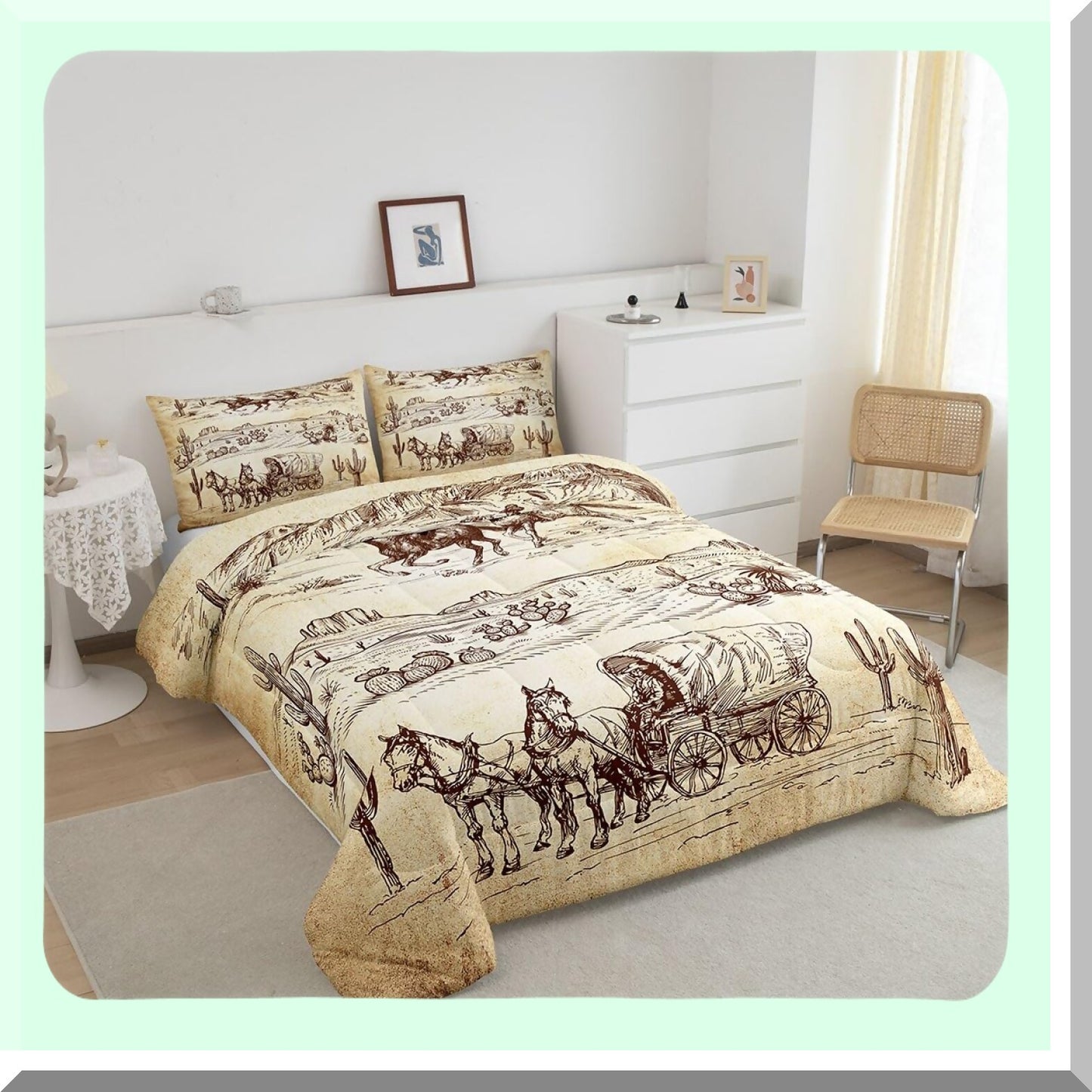 Wild West Cowboy Comforter Set - Retro Desert Bedding Collection with Brown Duvet Insert - 3 Piece Western Quilt Set - ZZRS3220ZMD-BZ - US King Size
