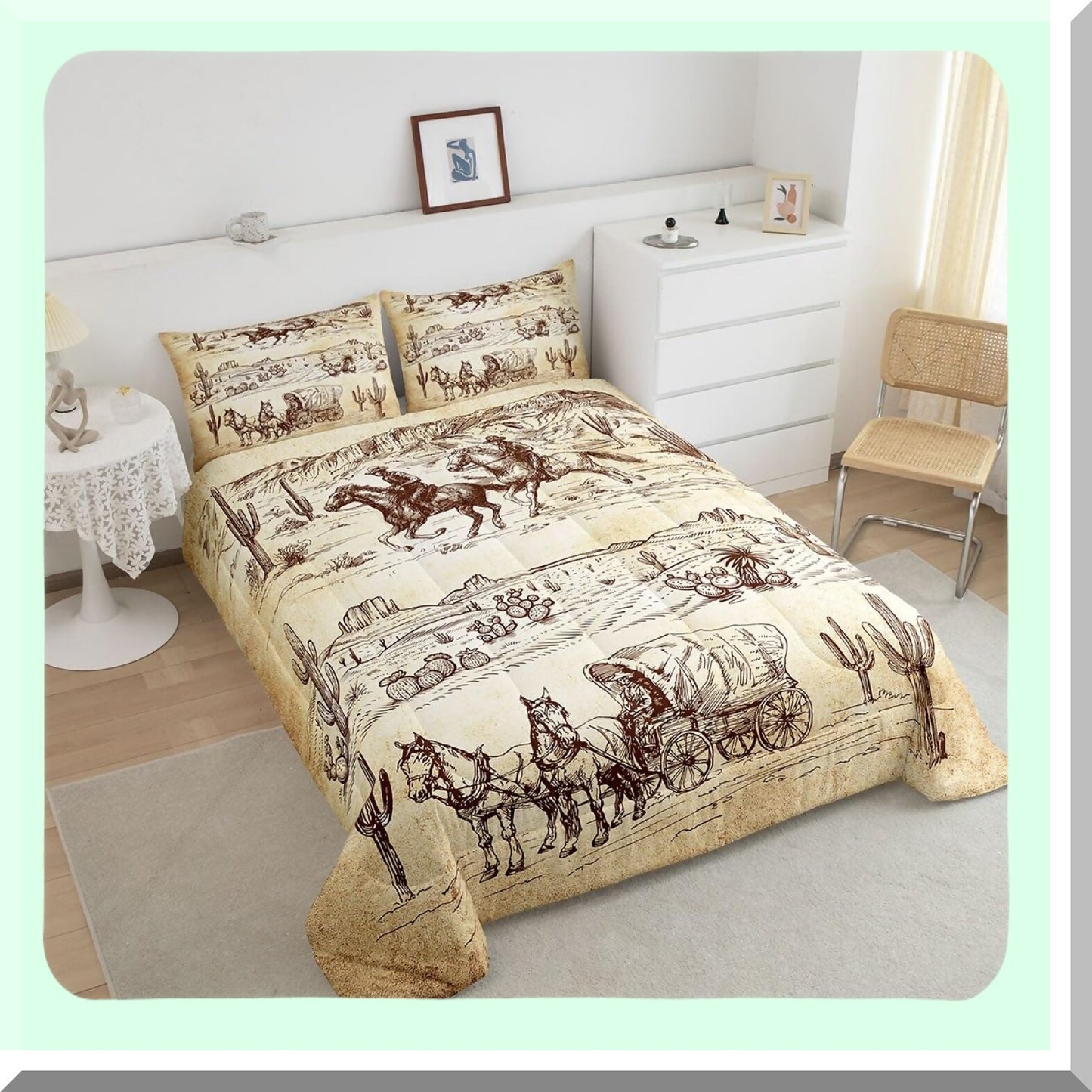 Wild West Cowboy Comforter Set - Retro Desert Bedding Collection with Brown Duvet Insert - 3 Piece Western Quilt Set - ZZRS3220ZMD-BZ - US King Size