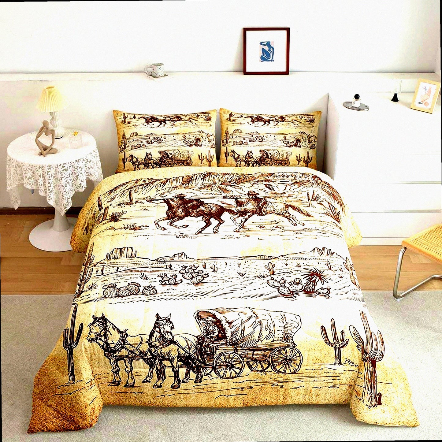 Wild West Cowboy Comforter Set - Retro Desert Bedding Collection with Brown Duvet Insert - 3 Piece Western Quilt Set - ZZRS3220ZMD-BZ - US King Size