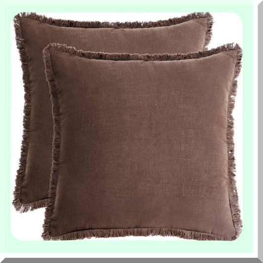 Rustic Linen Fringed Pillow Covers - Set of 2 Decorative Throw Pillowcases for Couch Sofa Bedroom - Natural Cushion Covers 16x16 Brown