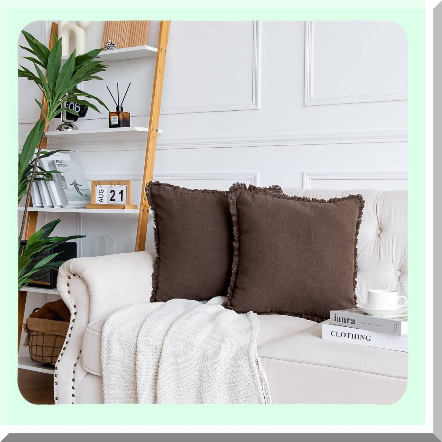 Rustic Linen Fringed Pillow Covers - Set of 2 Decorative Throw Pillowcases for Couch Sofa Bedroom - Natural Cushion Covers 16x16 Brown