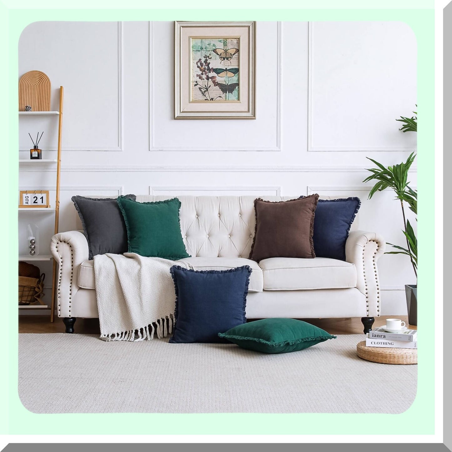 Rustic Linen Fringed Pillow Covers - Set of 2 Decorative Throw Pillowcases for Couch Sofa Bedroom - Natural Cushion Covers 16x16 Brown