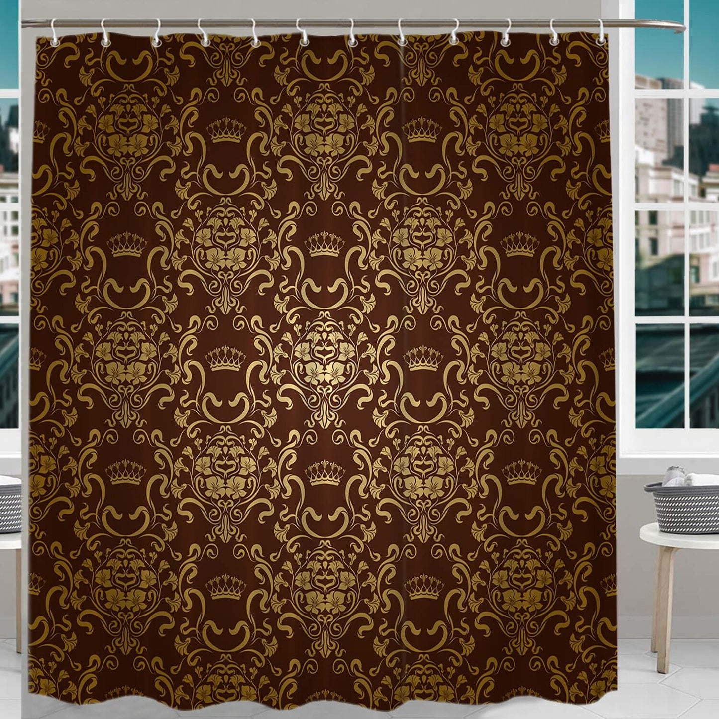 Brown Gold Damask Floral Shower Curtain Set 72x72 Inches