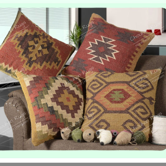 Boho Kilim Cushion Cover Set - 18X18 Pillows & Shams with Ethnic Jute Rug Cases - 4 PCS Boho Shams Collection