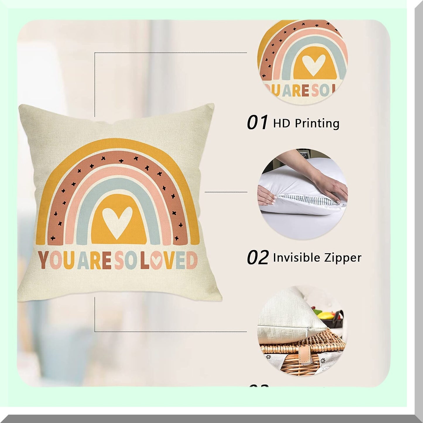 Rainbow Love Inspirational Cushion Cover - Boho Nursery Decor - Bohemian Baby Shower Gift - Girls Bedroom Pillow Case - Neutral Home Decoration