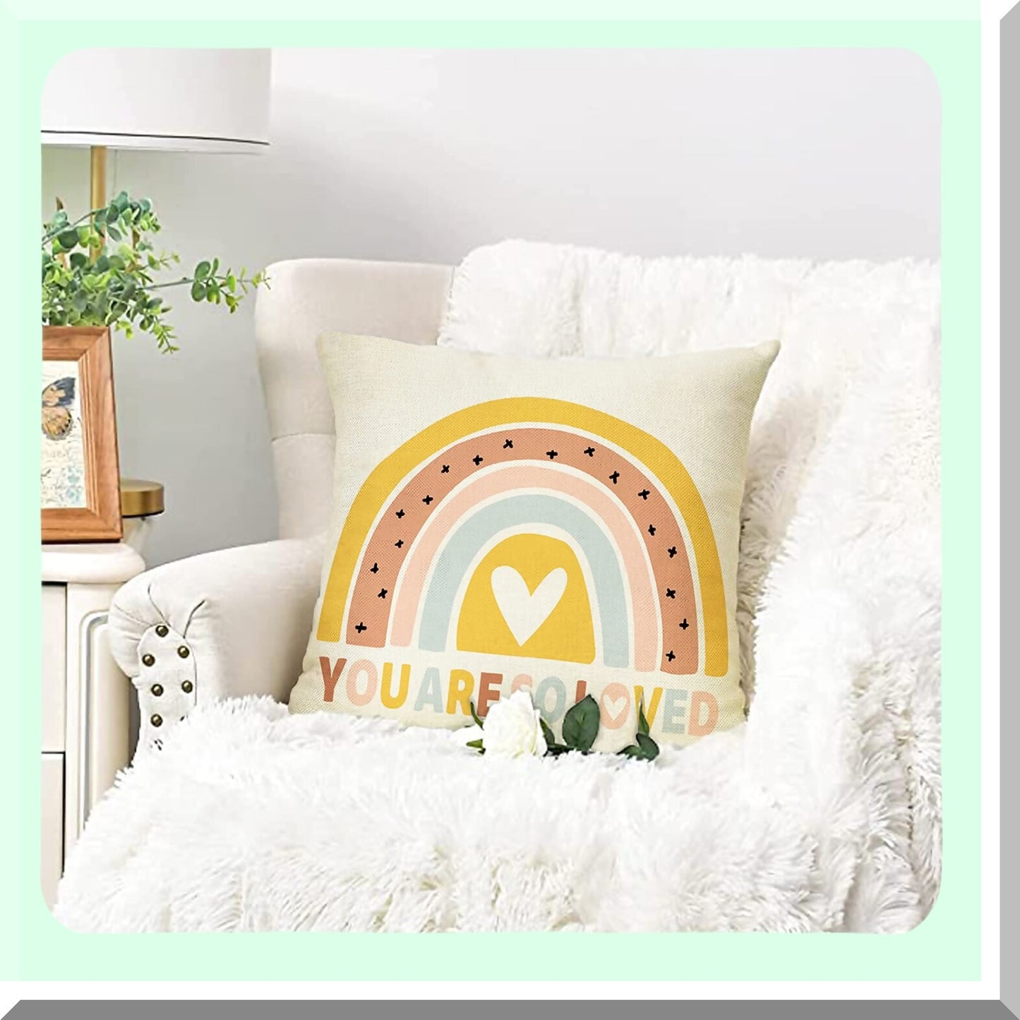 Rainbow Love Inspirational Cushion Cover - Boho Nursery Decor - Bohemian Baby Shower Gift - Girls Bedroom Pillow Case - Neutral Home Decoration