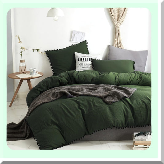 Green Olive Pom Pom Comforter Set - Farmhouse Fringe Quilts & Blanket - Shabby Dark Green Bedding Set for Queen Size Bed - Soft & Cozy Army Green Comforter
