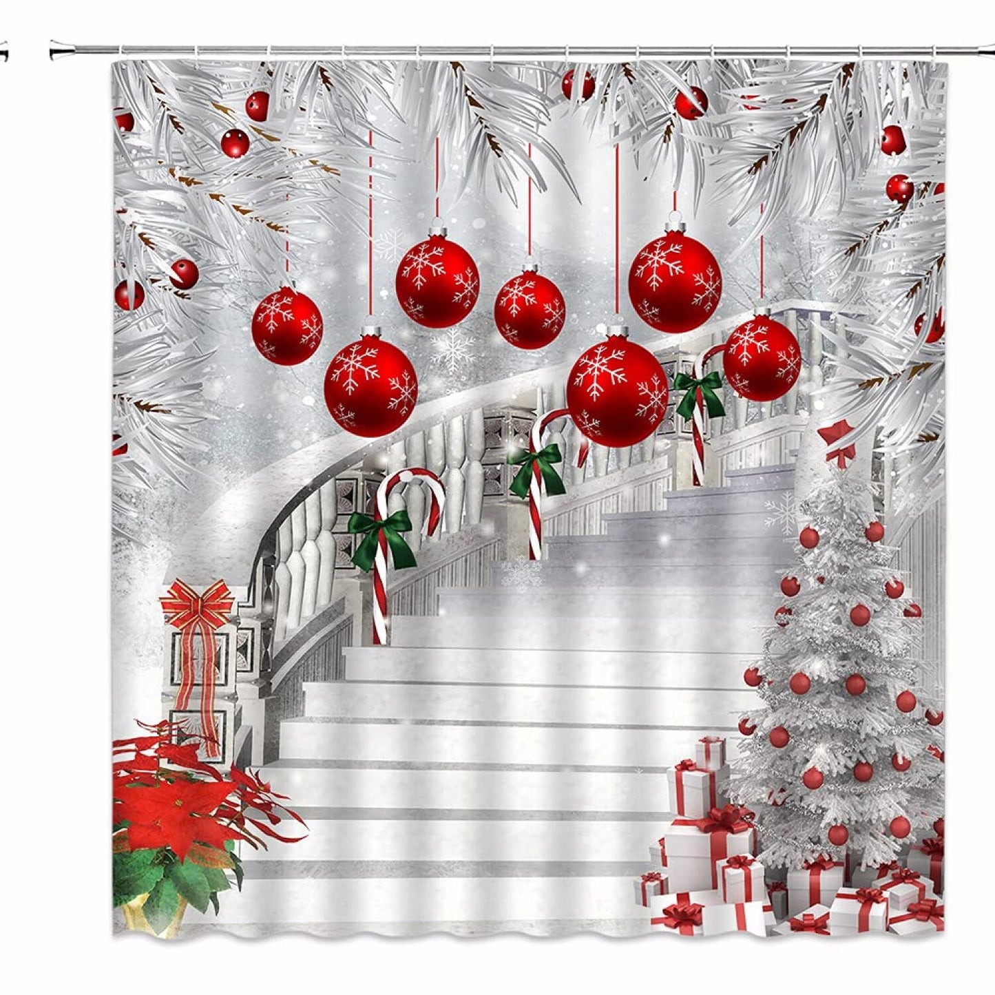 Red Balls Berry White Night Snow Shower Curtain 70x70 inch