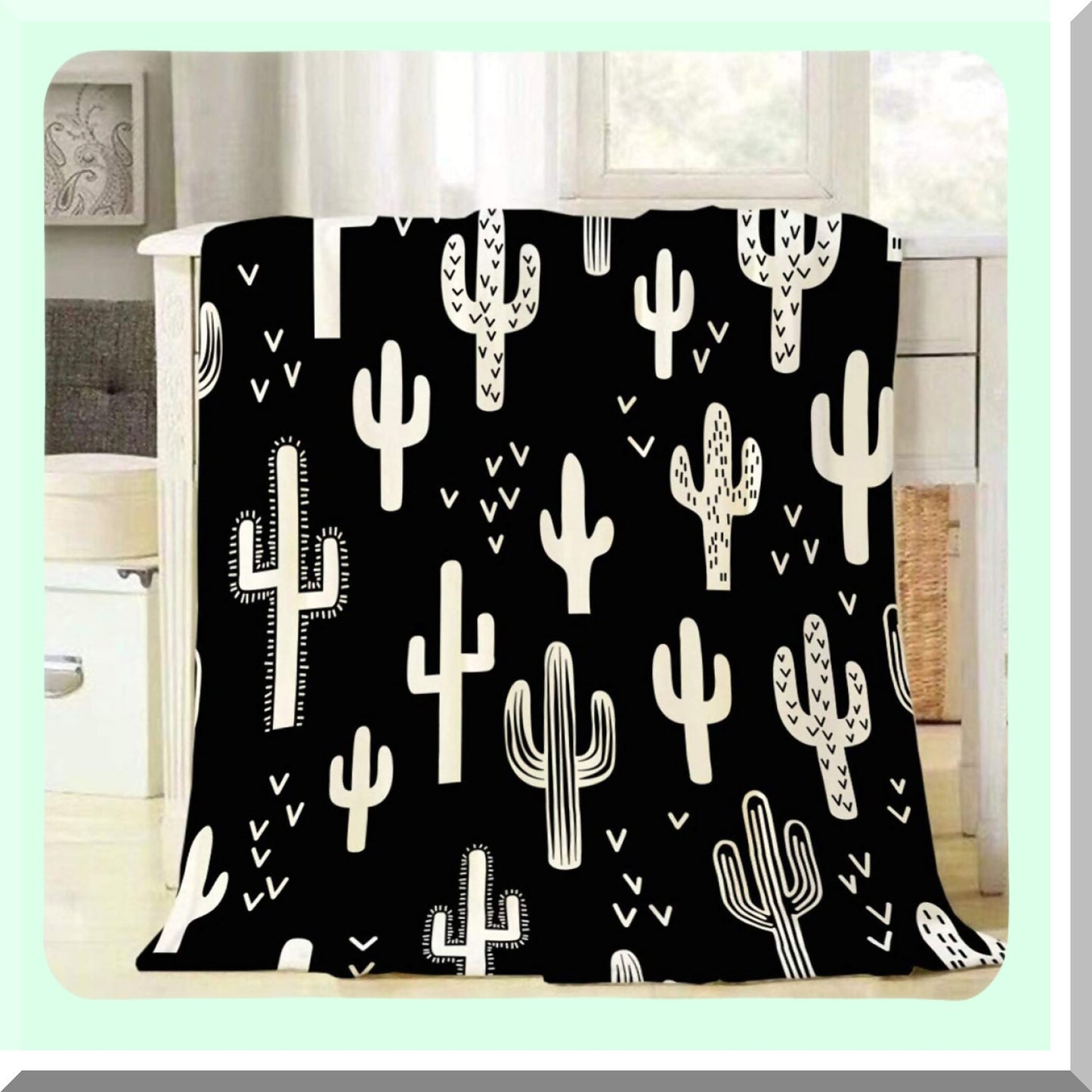 Western Cactus Cozy Flannel Throw Blanket - Soft, Warm, and Decorative Black & White Plush for Bedding, Sofa, or Couch - 60x80 Inch
