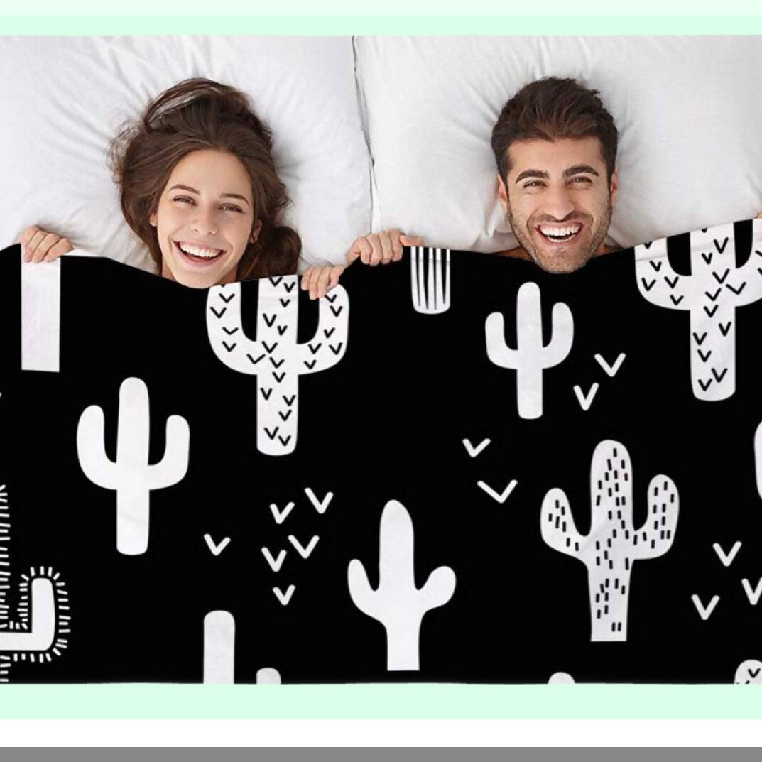 Western Cactus Cozy Flannel Throw Blanket - Soft, Warm, and Decorative Black & White Plush for Bedding, Sofa, or Couch - 60x80 Inch