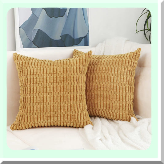 Sunshine Stripe Corduroy Pillow Covers - Set of 2 | 18x18 Inch Soft Mustard Yellow Boho Farmhouse Decorative Cushion Cases for Couch, Sofa, Bed & Living Room