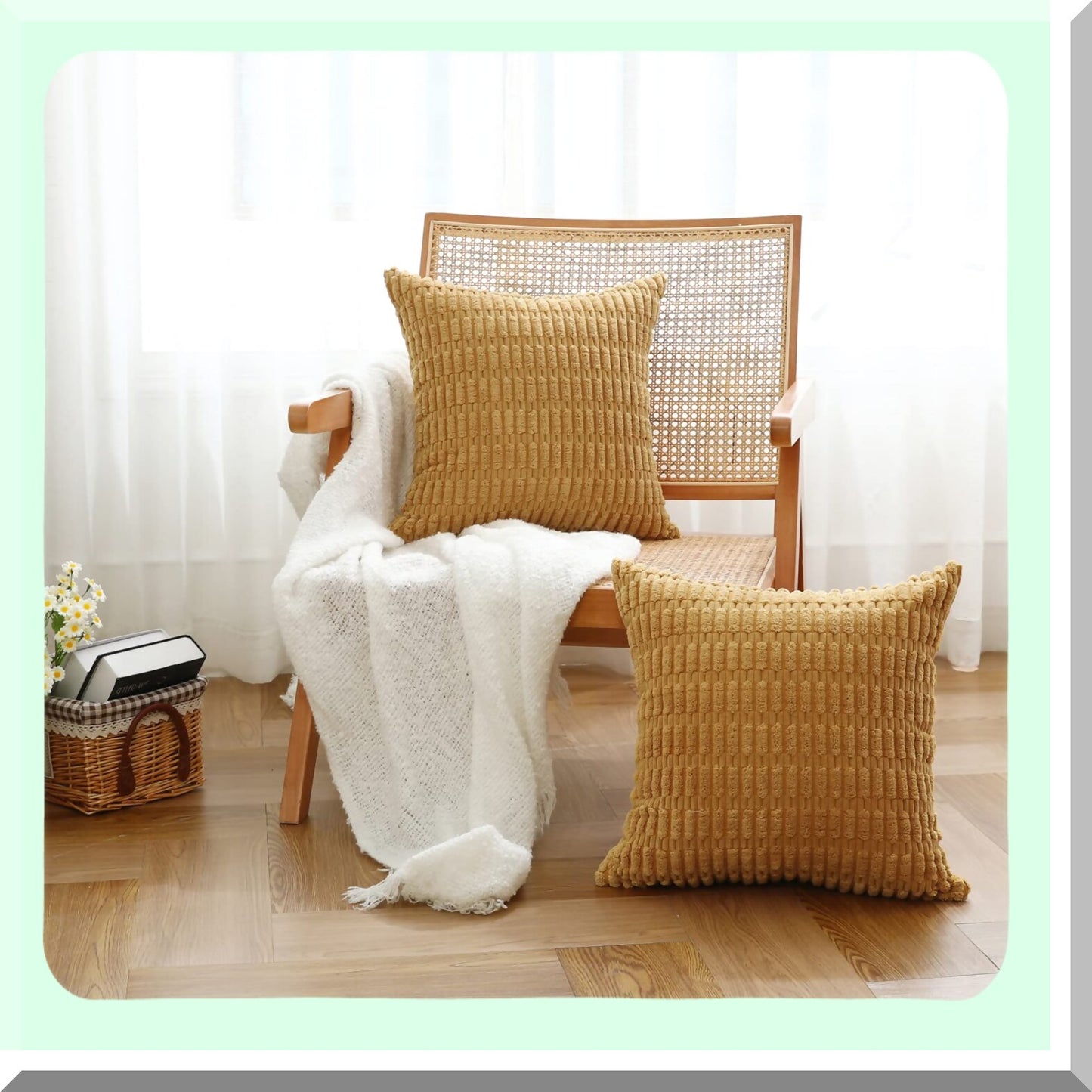 Sunshine Stripe Corduroy Pillow Covers - Set of 2 | 18x18 Inch Soft Mustard Yellow Boho Farmhouse Decorative Cushion Cases for Couch, Sofa, Bed & Living Room