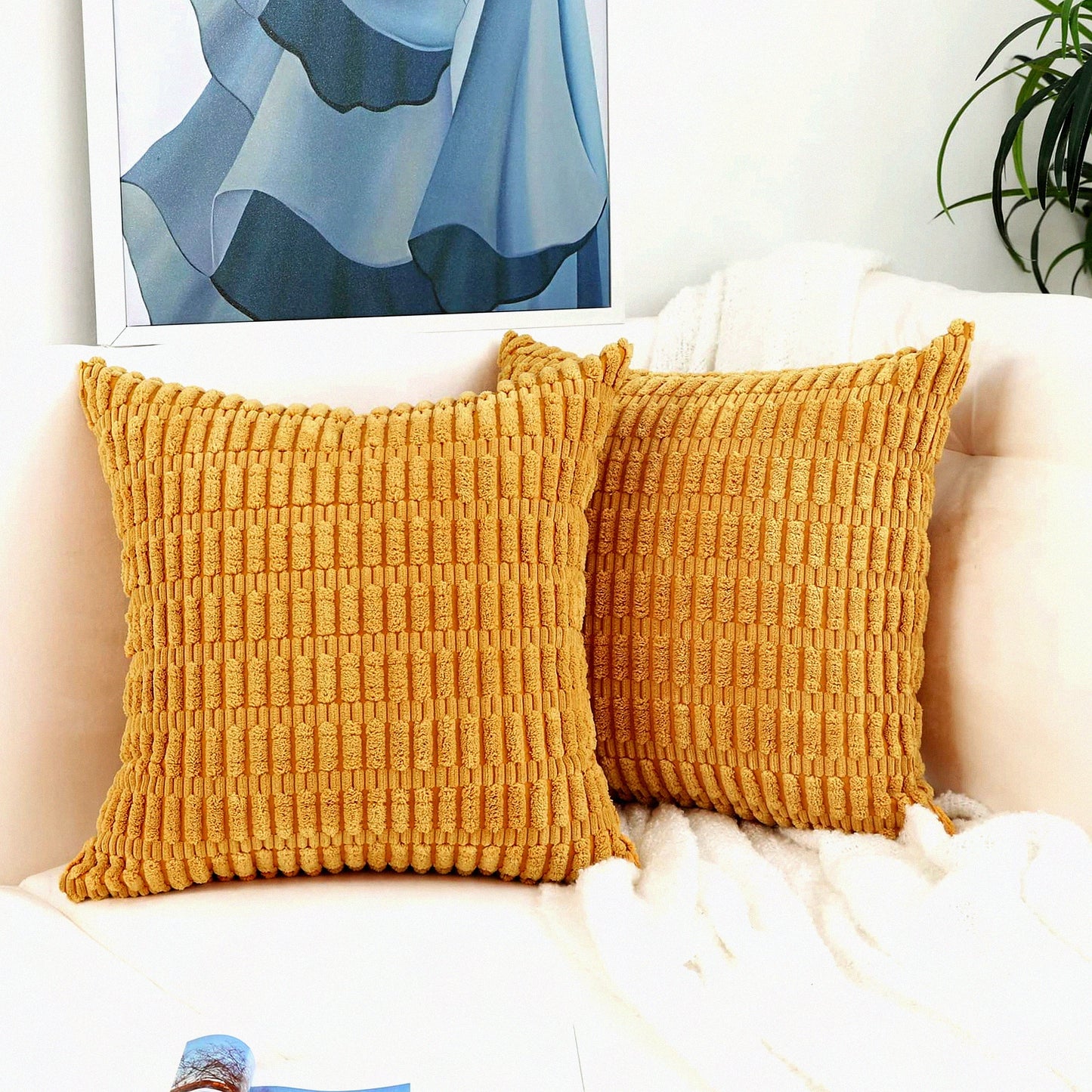 Sunshine Stripe Corduroy Pillow Covers - Set of 2 | 18x18 Inch Soft Mustard Yellow Boho Farmhouse Decorative Cushion Cases for Couch, Sofa, Bed & Living Room