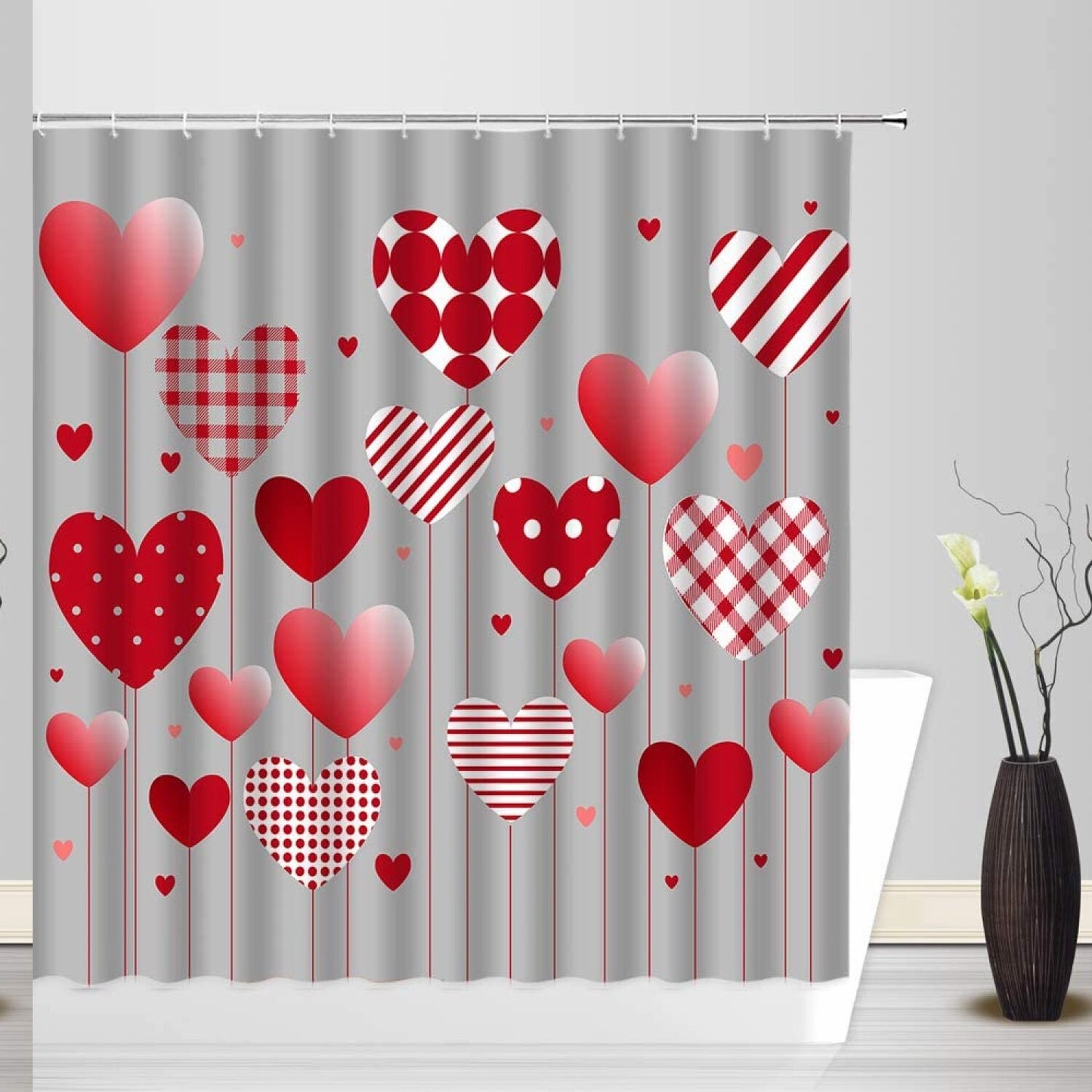 Heart Shower Curtain Red White Gray 71x71 inches