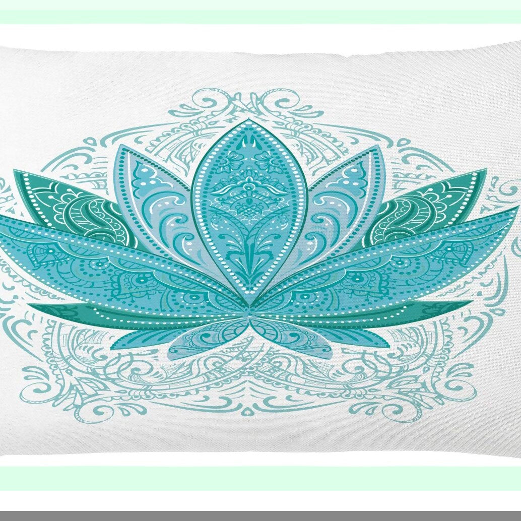 Exotic Bloom Decorative Pillow Cover - Traditional Boho Design, Lotus Flower Petals Ornaments, Square Accent Case 26" X 16" - Sky Blue Teal
