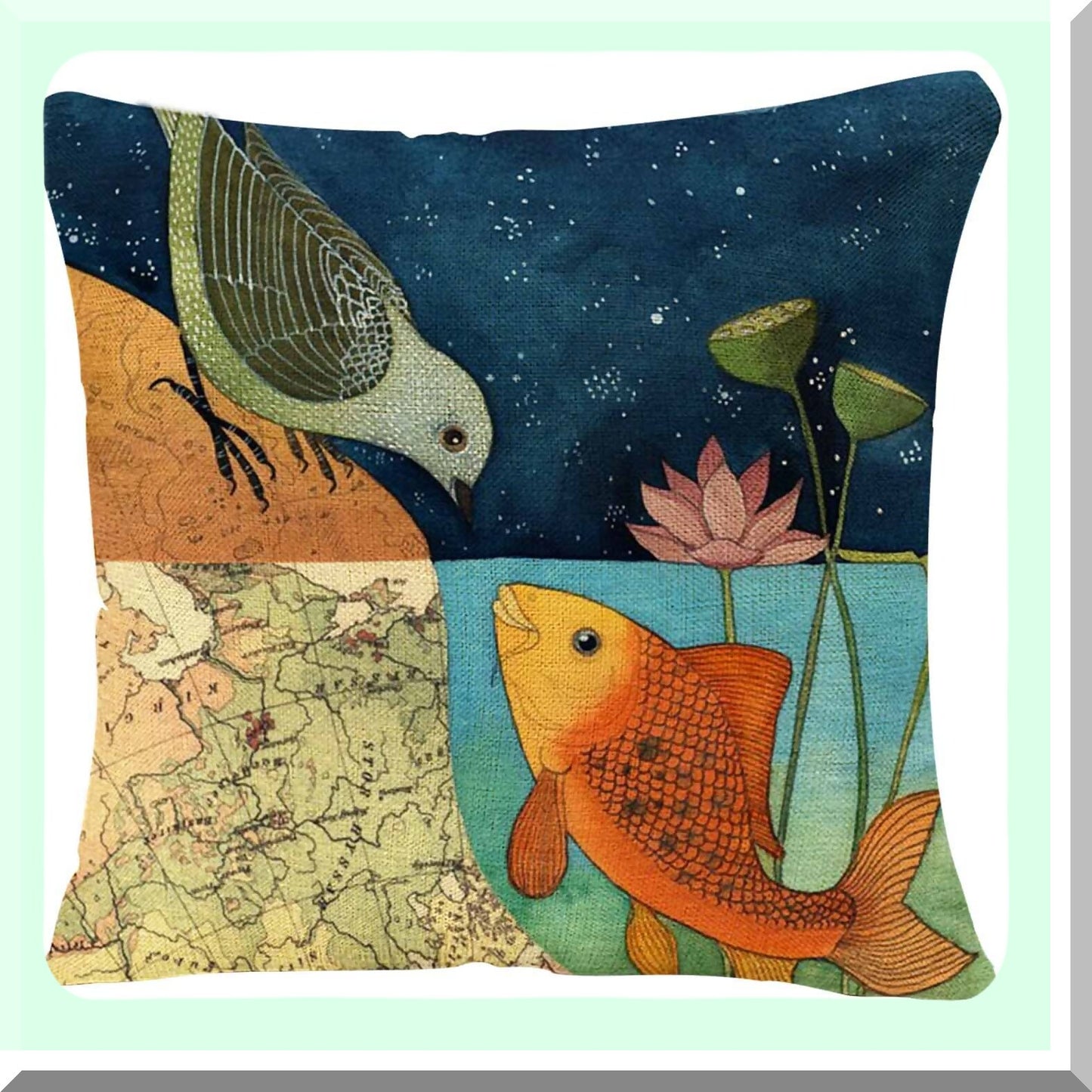 BirdFish World Cushion Pillowcase - Home Decor Throw Pillow Covers 18x18 Inches - Two World Forever Design