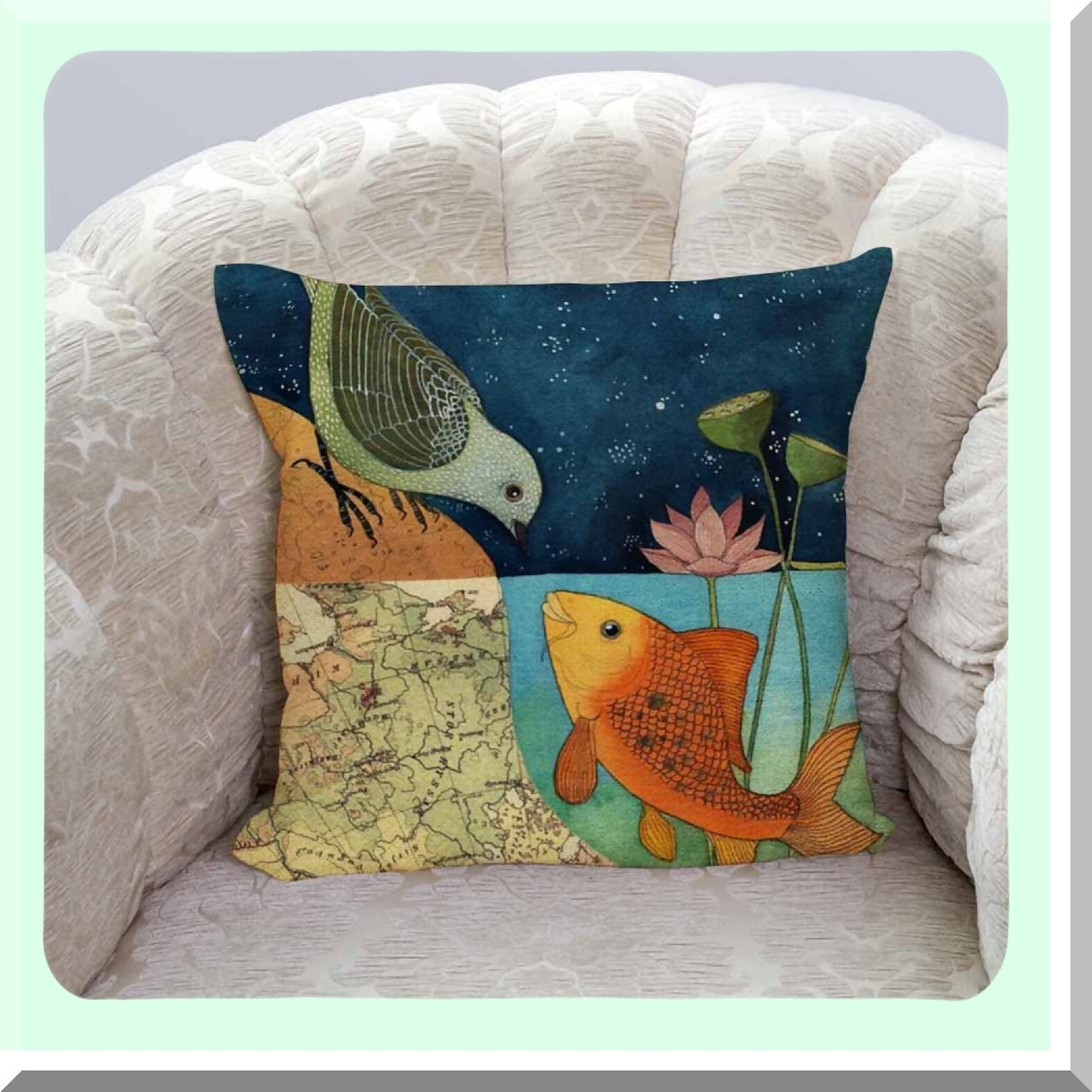 BirdFish World Cushion Pillowcase - Home Decor Throw Pillow Covers 18x18 Inches - Two World Forever Design