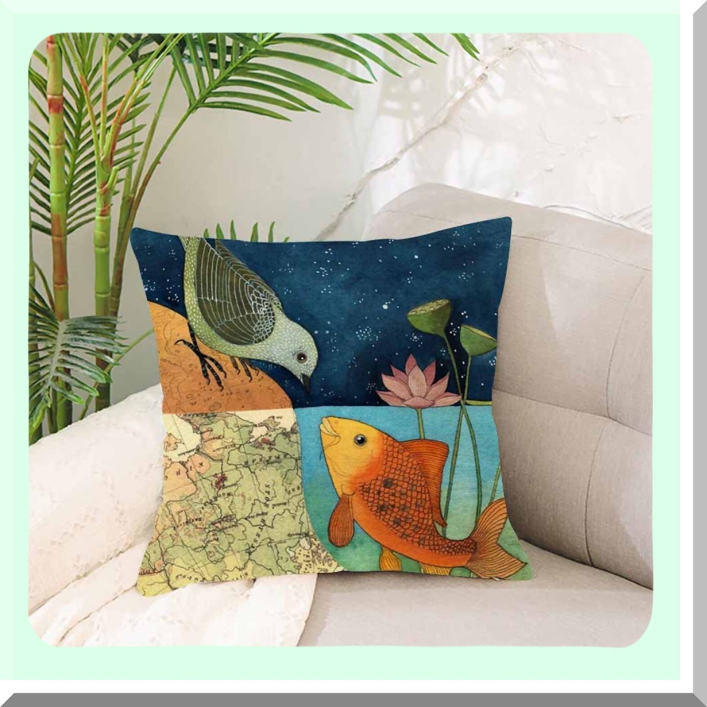 BirdFish World Cushion Pillowcase - Home Decor Throw Pillow Covers 18x18 Inches - Two World Forever Design