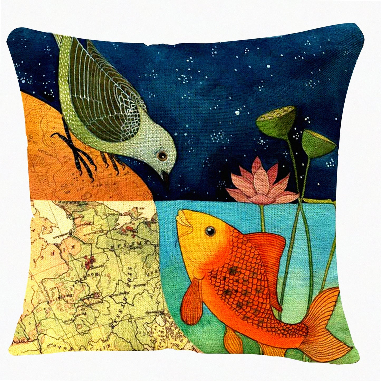 BirdFish World Cushion Pillowcase - Home Decor Throw Pillow Covers 18x18 Inches - Two World Forever Design