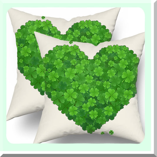 Lucky Clover Heart Shamrock Pillow Covers - Set of 2 | St. Patrick's Day Spring Farmhouse Decor for Living Room, Bedroom, Sofa | Green Square Throw Pillows 20x20 Inch