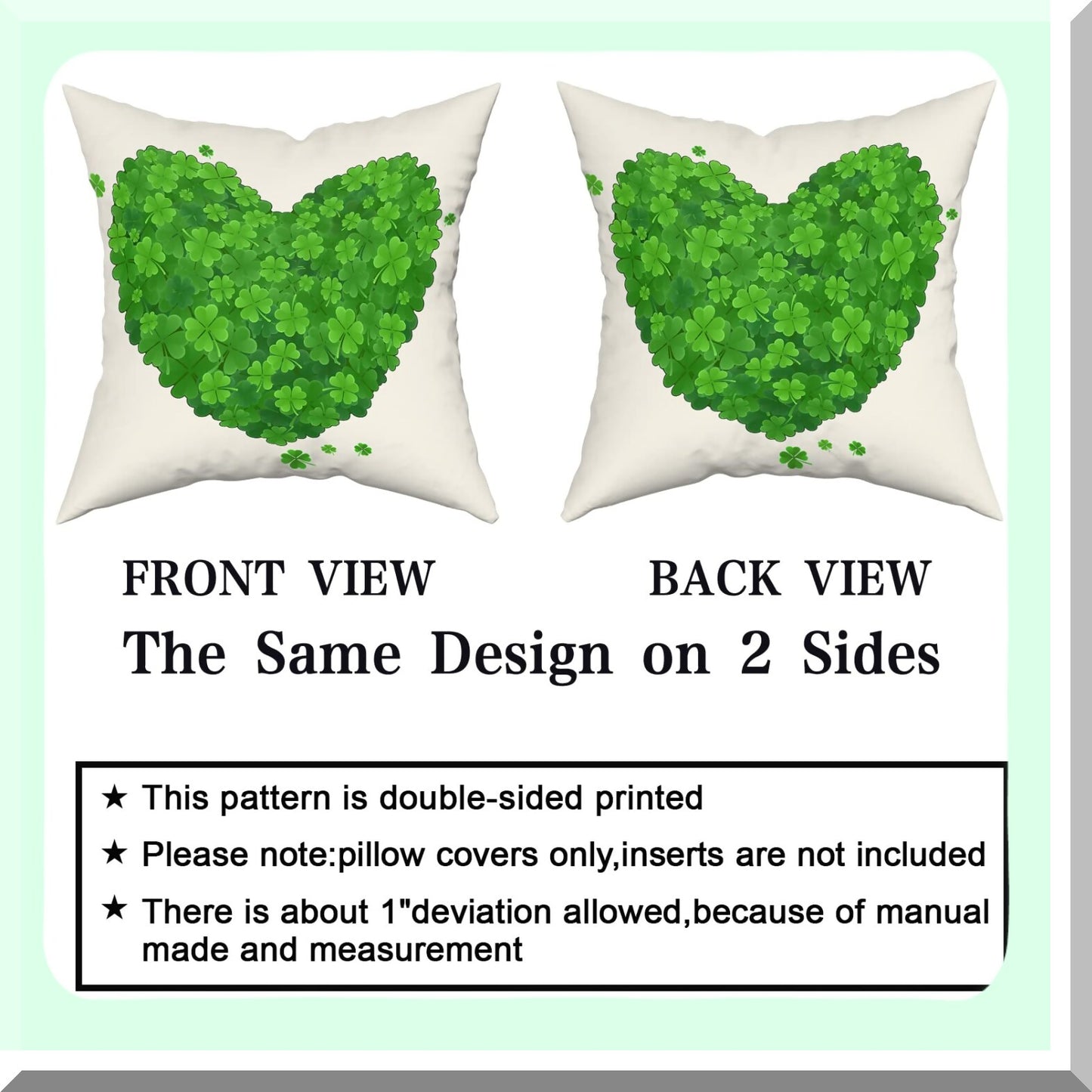 Lucky Clover Heart Shamrock Pillow Covers - Set of 2 | St. Patrick's Day Spring Farmhouse Decor for Living Room, Bedroom, Sofa | Green Square Throw Pillows 20x20 Inch