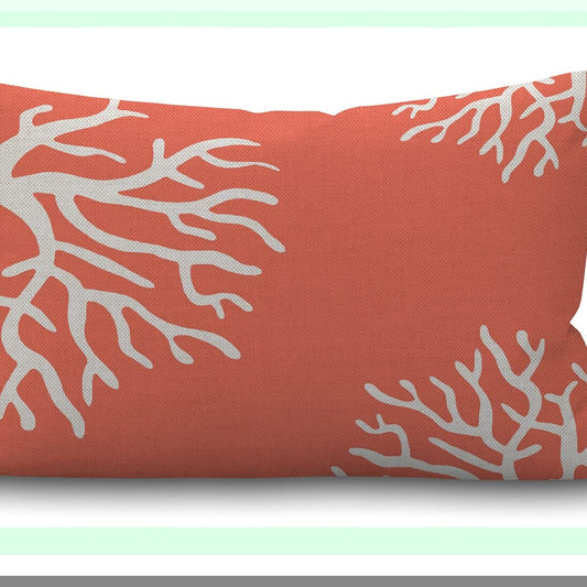 Coral Reef Nature Throw Pillow - Beach Farmhouse Decorative Cushion Cover - Pretty Pink Branch Design - Red White Linen Sofa Bedroom Living Room - 12x20 Inch