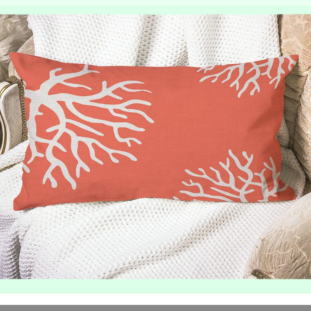 Coral Reef Nature Throw Pillow - Beach Farmhouse Decorative Cushion Cover - Pretty Pink Branch Design - Red White Linen Sofa Bedroom Living Room - 12x20 Inch