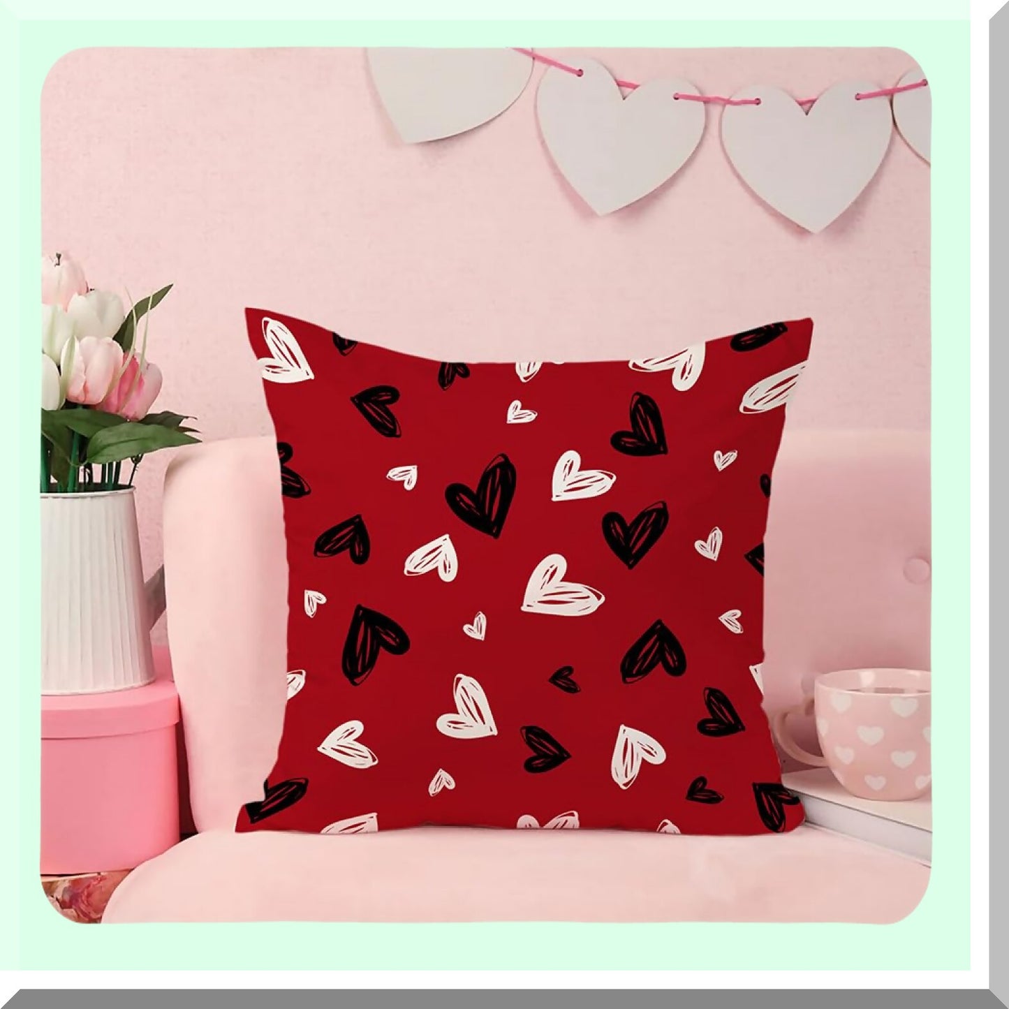 Heartfelt Love Pillow Covers - Set of 2 Black & White Hearts Decor, Red Throw Pillow Covers - Valentine's Day Cushion Case for Sofa Couch - 18x18 Inch
