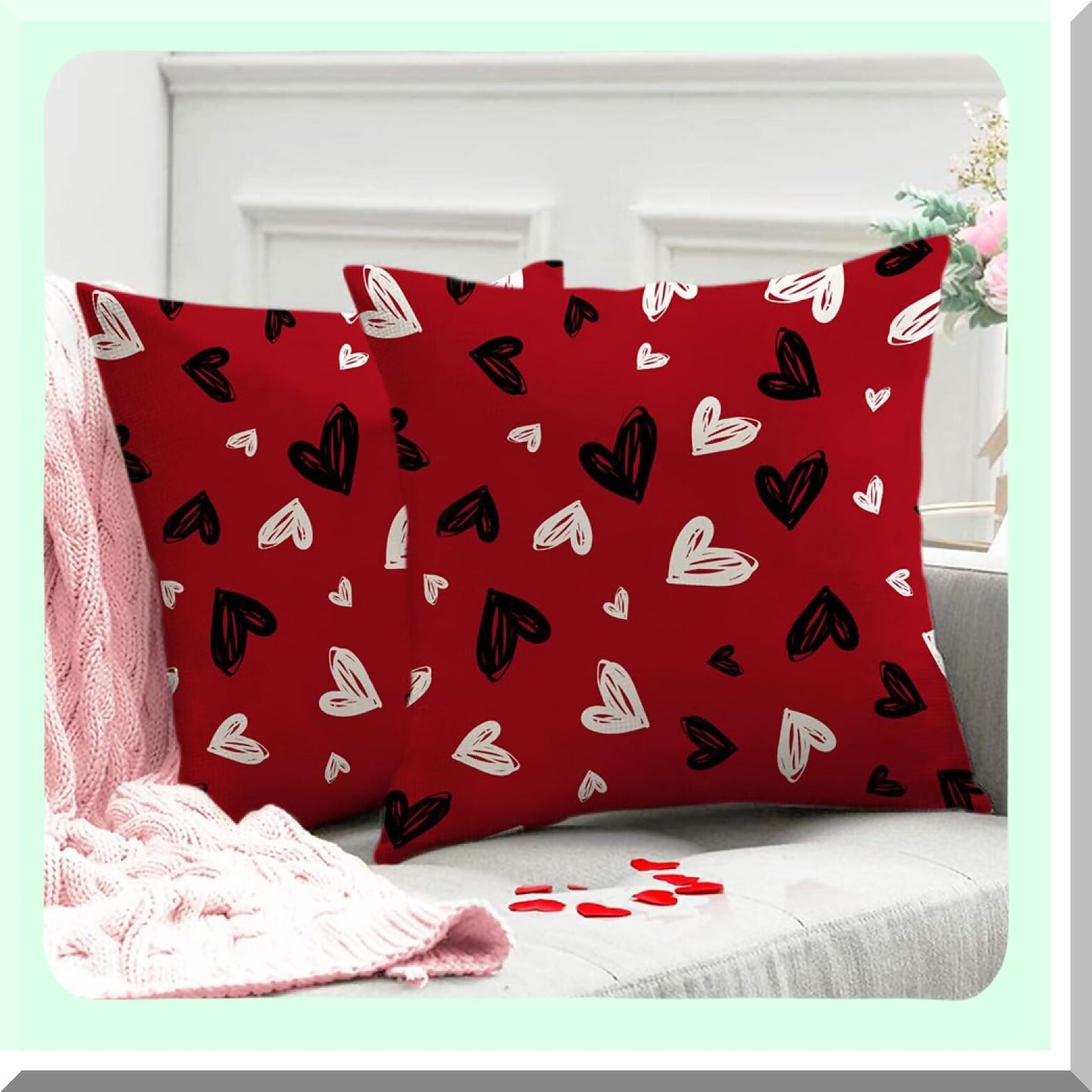 Heartfelt Love Pillow Covers - Set of 2 Black & White Hearts Decor, Red Throw Pillow Covers - Valentine's Day Cushion Case for Sofa Couch - 18x18 Inch