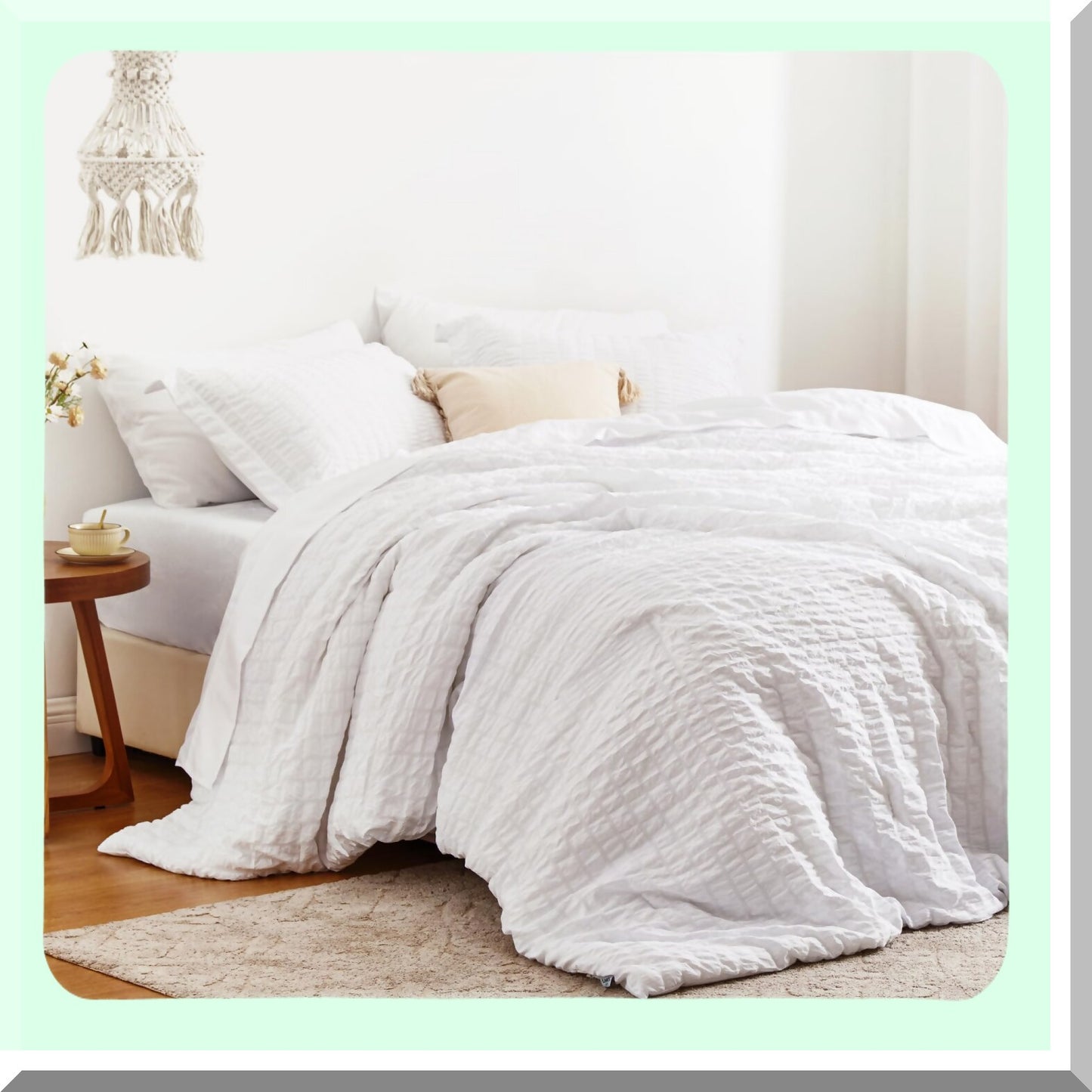 White Clouds 7-Piece Seersucker Comforter Set - All Season Lightweight Bedding Bundle with Comforter, Sheets, Pillowcase, and Sham - Size Comfort