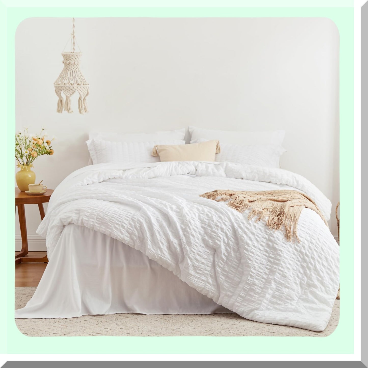 White Clouds 7-Piece Seersucker Comforter Set - All Season Lightweight Bedding Bundle with Comforter, Sheets, Pillowcase, and Sham - Size Comfort