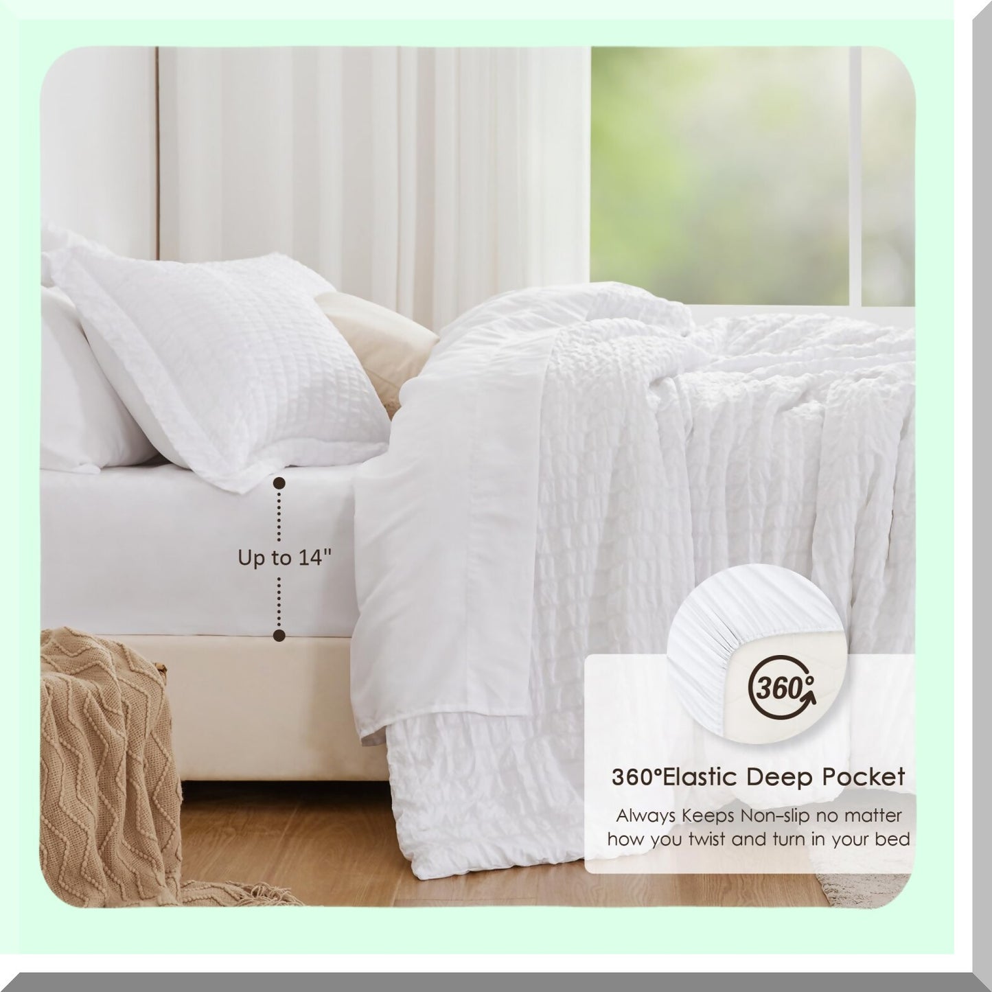White Clouds 7-Piece Seersucker Comforter Set - All Season Lightweight Bedding Bundle with Comforter, Sheets, Pillowcase, and Sham - Size Comfort