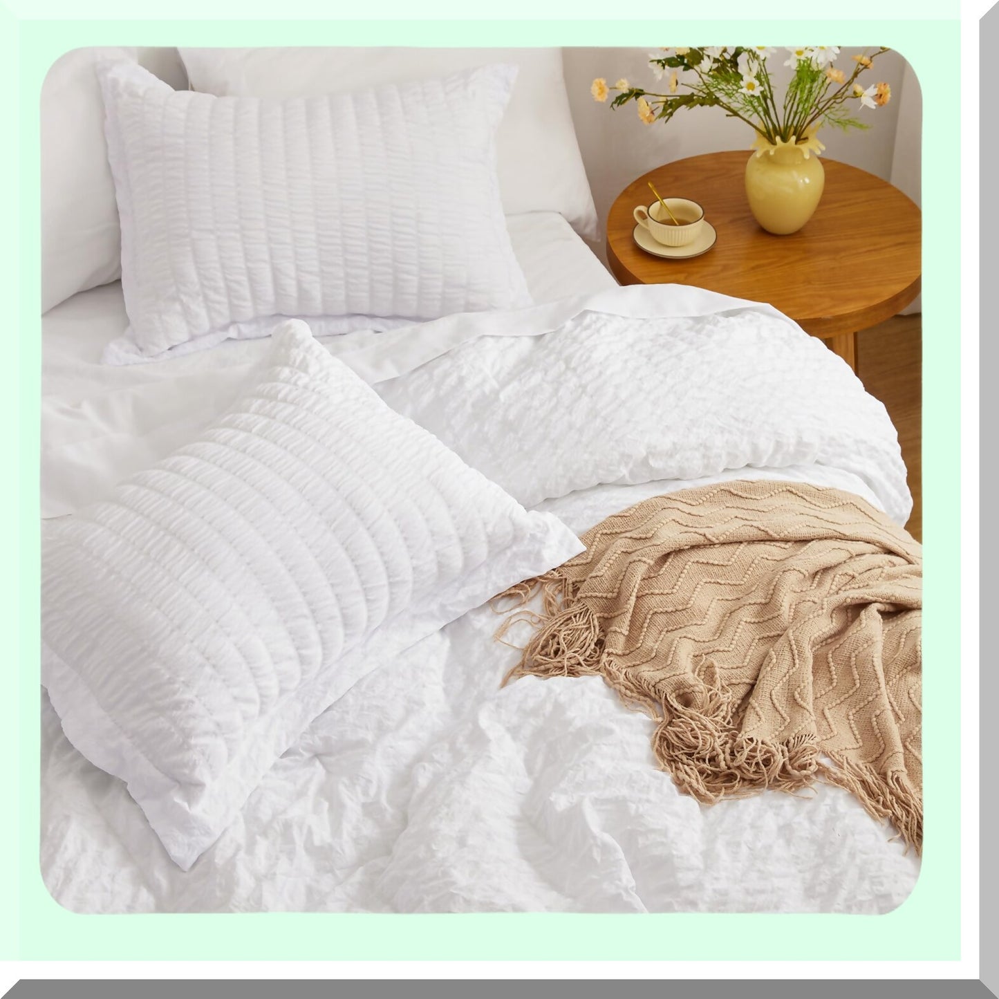 White Clouds 7-Piece Seersucker Comforter Set - All Season Lightweight Bedding Bundle with Comforter, Sheets, Pillowcase, and Sham - Size Comfort