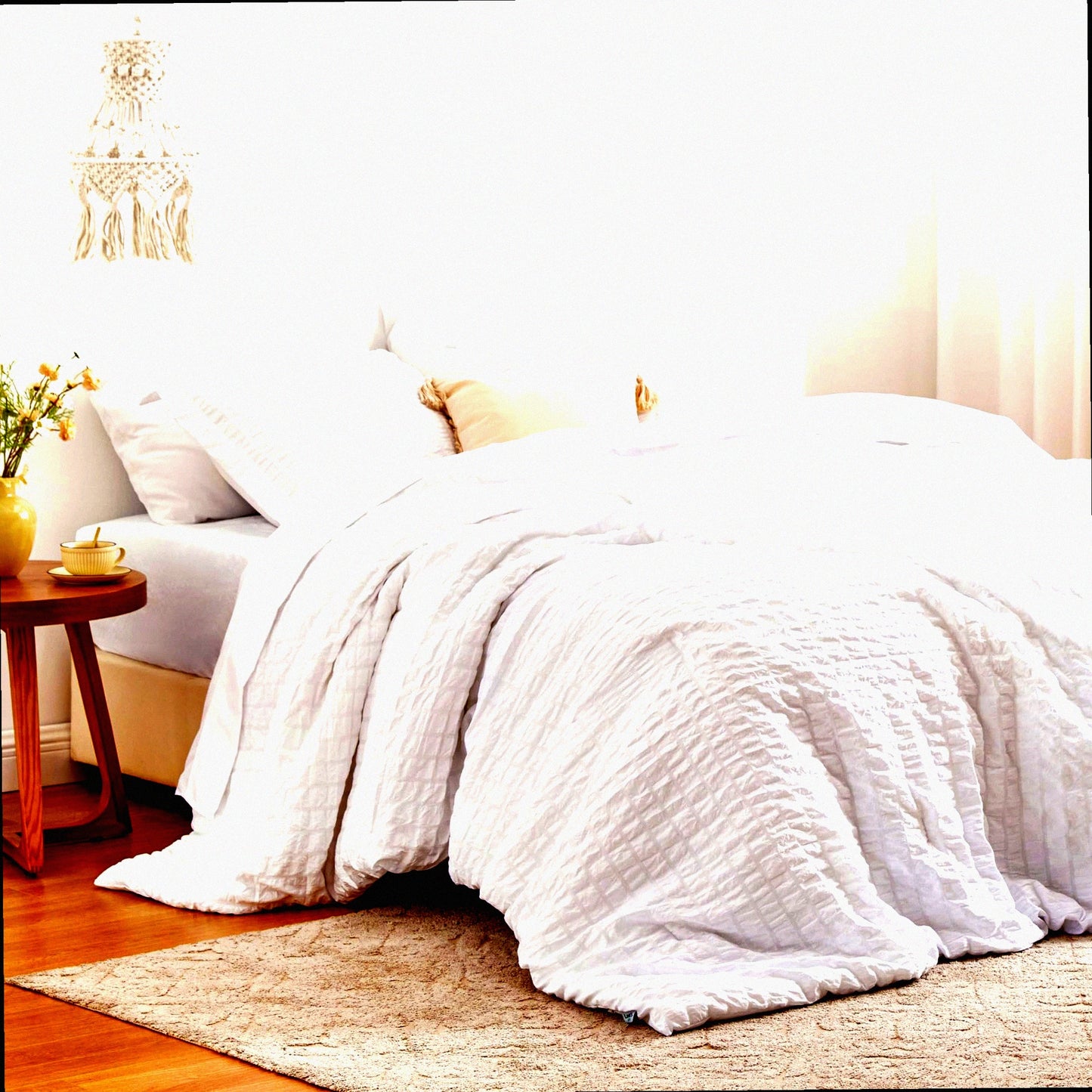 White Clouds 7-Piece Seersucker Comforter Set - All Season Lightweight Bedding Bundle with Comforter, Sheets, Pillowcase, and Sham - Size Comfort