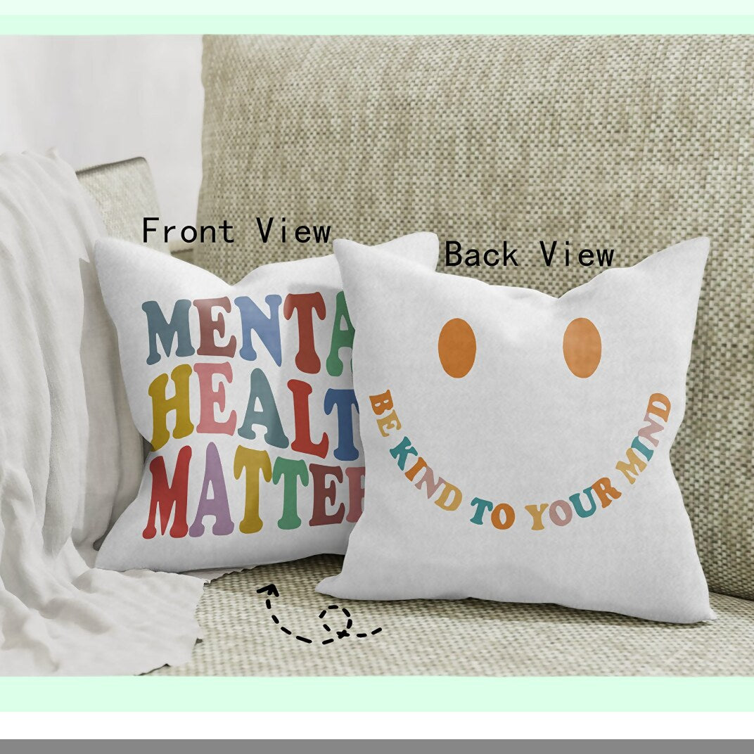 Mindful Comfort Reversible Pillow Cover - 18"x18" - Therapy Office & Home Decor - Mental Health Awareness Gift - Smiley Face Design
