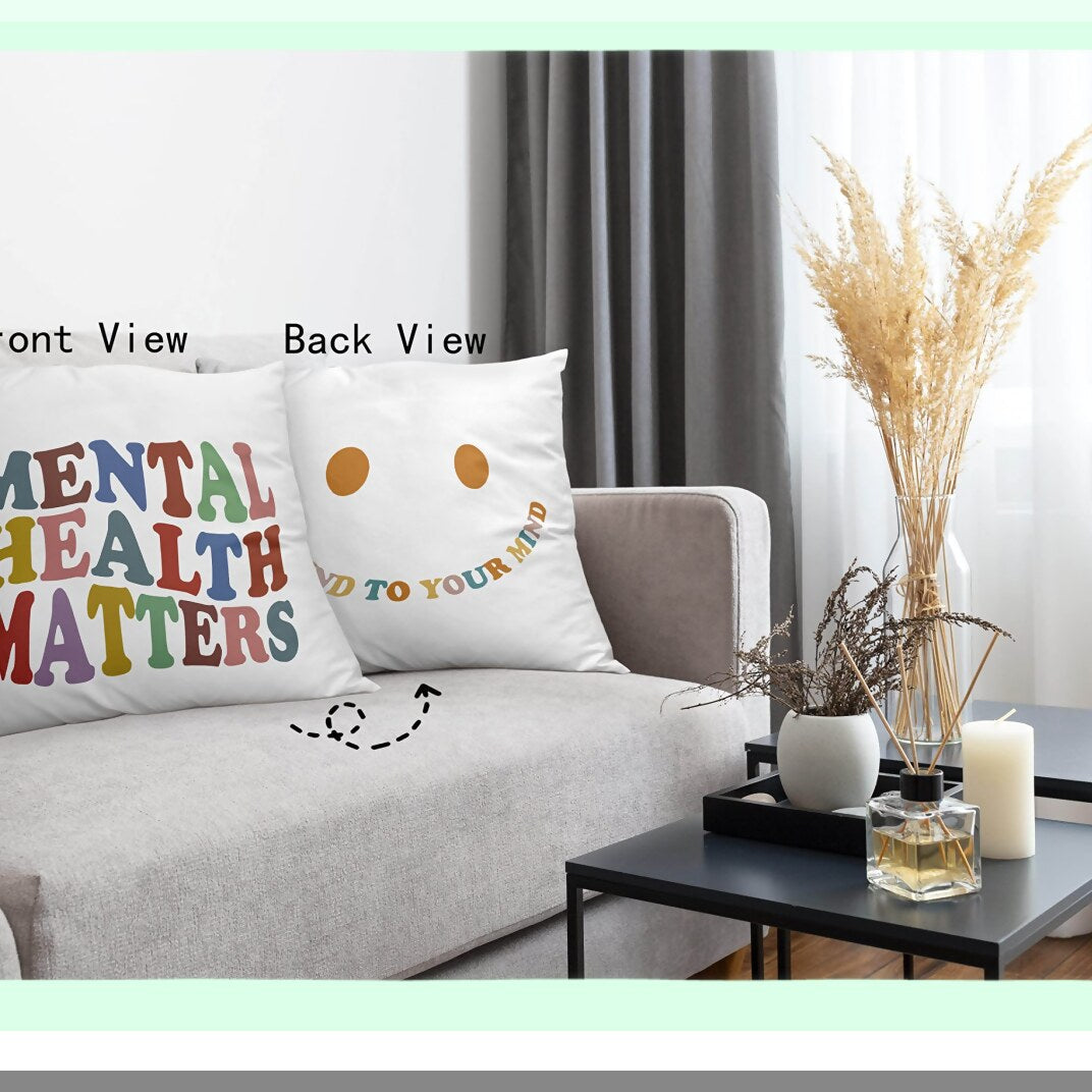 Mindful Comfort Reversible Pillow Cover - 18"x18" - Therapy Office & Home Decor - Mental Health Awareness Gift - Smiley Face Design
