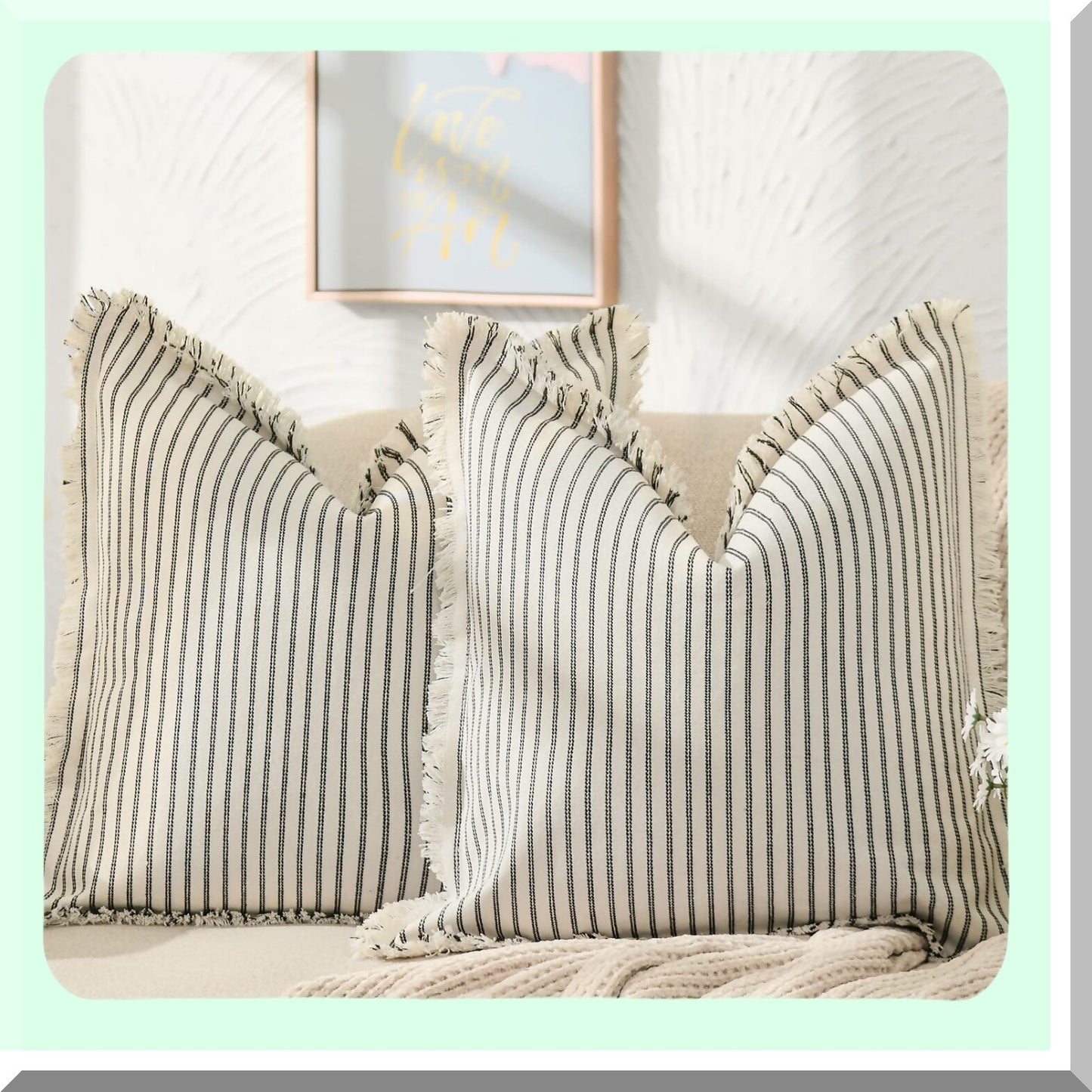 Striped Fringe Chic Cotton Pillow Covers - Set of 2 | Decorative Square Cushion Covers for Sofa Couch Bed | Farmhouse Living Room Decor - 20x20