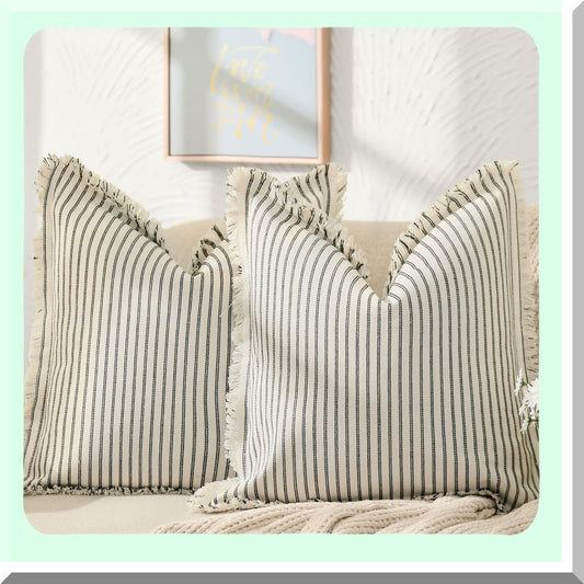 Striped Fringe Chic Cotton Pillow Covers - Set of 2 | Decorative Square Cushion Covers for Sofa Couch Bed | Farmhouse Living Room Decor - 20x20