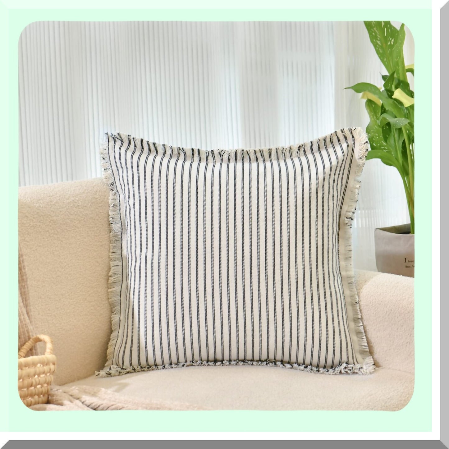 Striped Fringe Chic Cotton Pillow Covers - Set of 2 | Decorative Square Cushion Covers for Sofa Couch Bed | Farmhouse Living Room Decor - 20x20