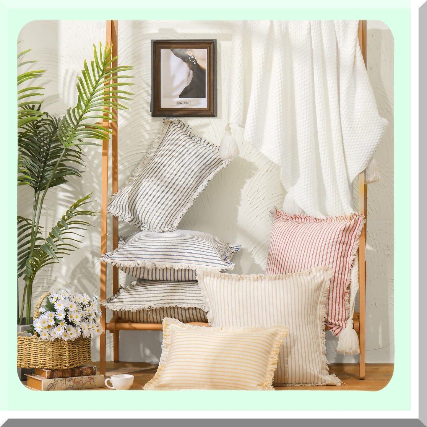 Striped Fringe Chic Cotton Pillow Covers - Set of 2 | Decorative Square Cushion Covers for Sofa Couch Bed | Farmhouse Living Room Decor - 20x20