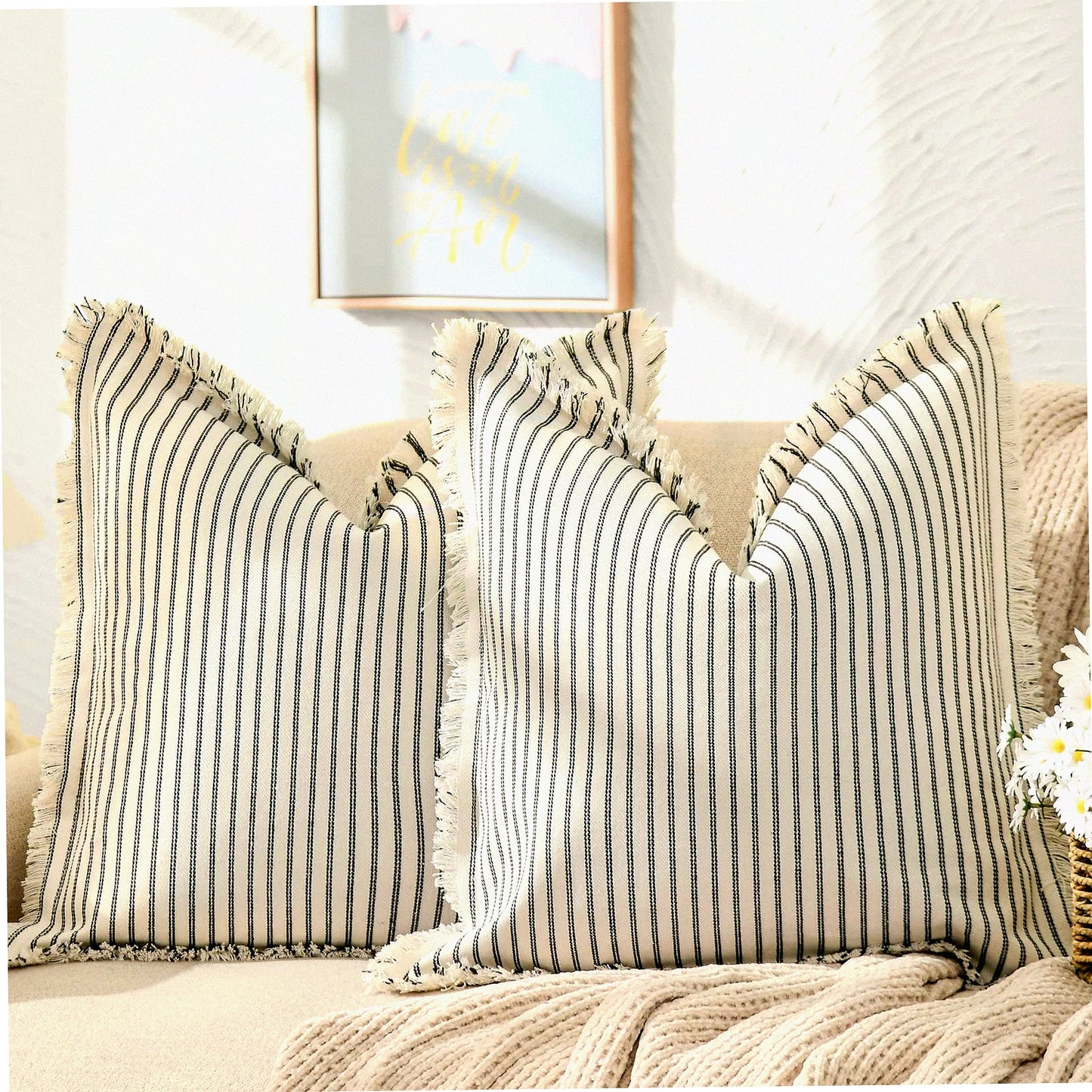 Striped Fringe Chic Cotton Pillow Covers - Set of 2 | Decorative Square Cushion Covers for Sofa Couch Bed | Farmhouse Living Room Decor - 20x20
