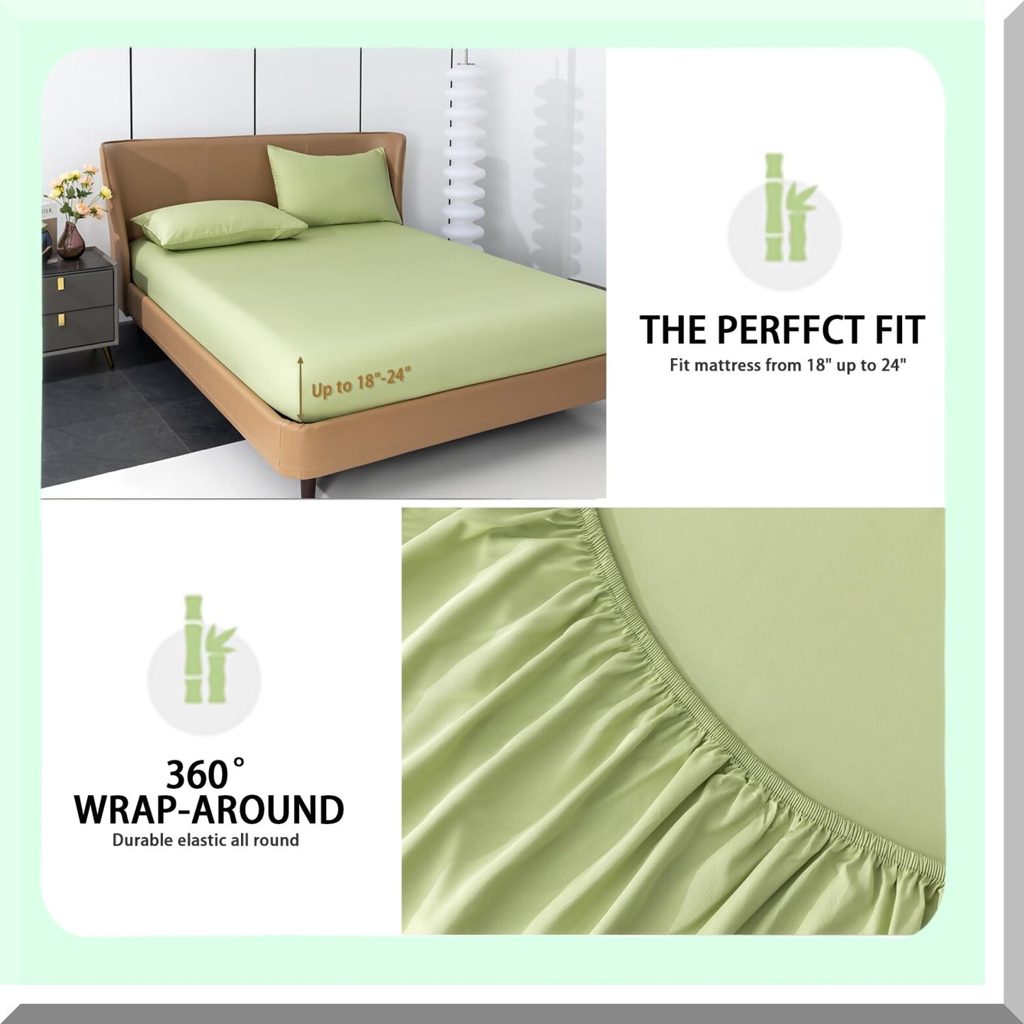 CoolBamboo Full Size Deep Pocket Sheets - 4Pcs Silky Soft Bed Sheets Set for Hot Sleepers, Green - 18"-24" Extra Deep Pocket, 1 Flat Sheet, 1 Fitted Sheet, 2 Pillowcases - Full Size