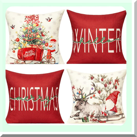 Winter Wonderland Pillow Cover Set - Farmhouse Christmas Decor 18x18 - Snowman Deer Tree Holiday Cushion Cases - Red Home Decoration for Living Room, Bed, Sofa, Couch, Bench - Indoor/Outdoor