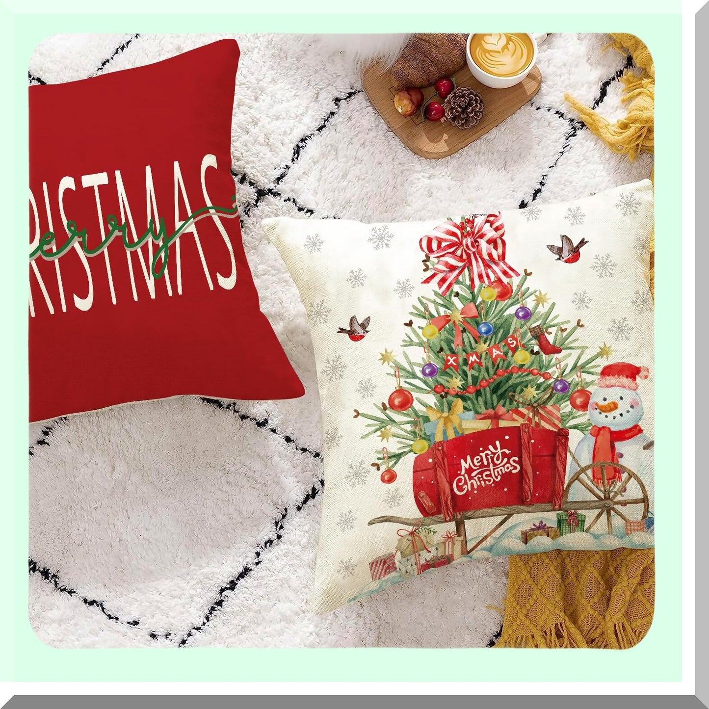 Winter Wonderland Pillow Cover Set - Farmhouse Christmas Decor 18x18 - Snowman Deer Tree Holiday Cushion Cases - Red Home Decoration for Living Room, Bed, Sofa, Couch, Bench - Indoor/Outdoor