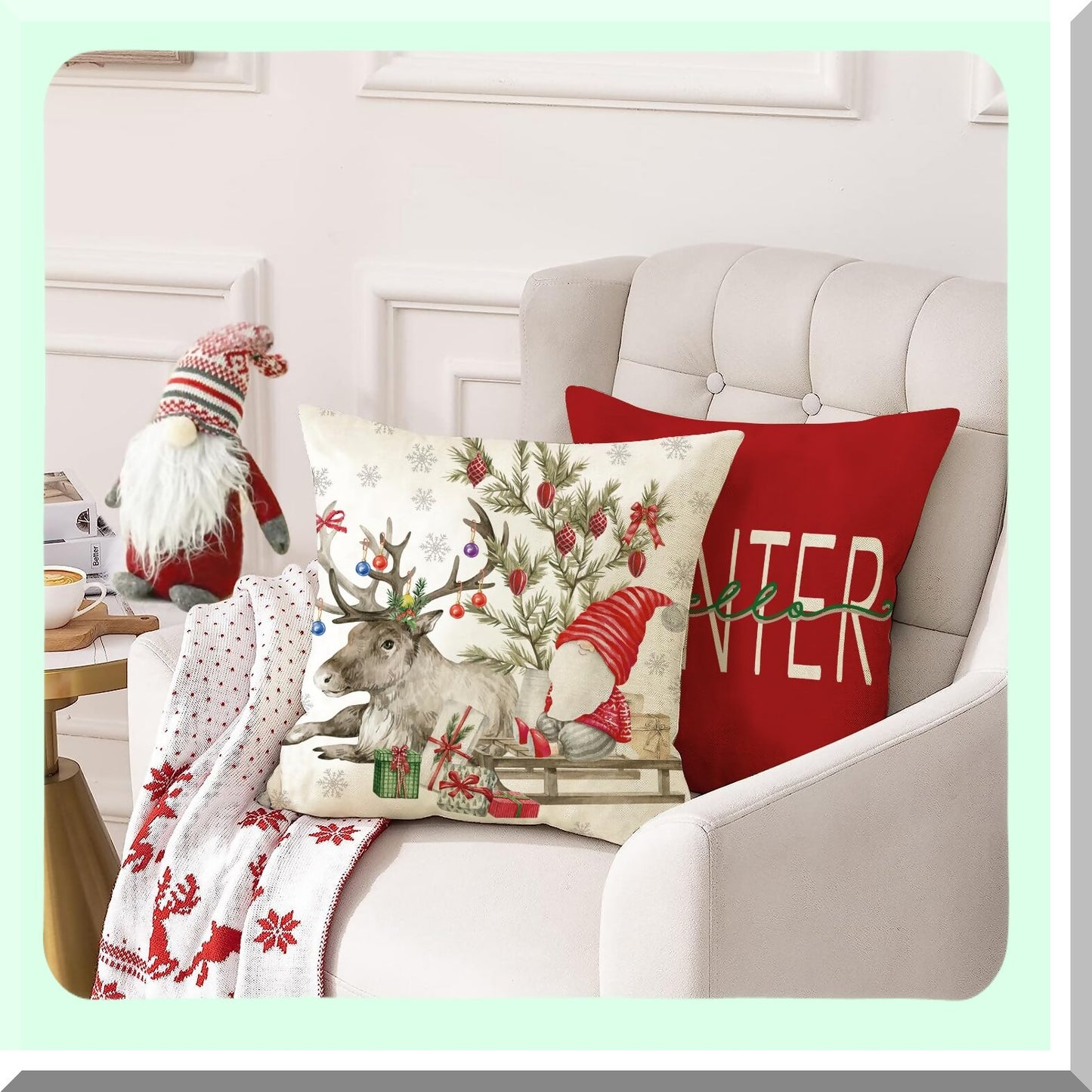 Winter Wonderland Pillow Cover Set - Farmhouse Christmas Decor 18x18 - Snowman Deer Tree Holiday Cushion Cases - Red Home Decoration for Living Room, Bed, Sofa, Couch, Bench - Indoor/Outdoor