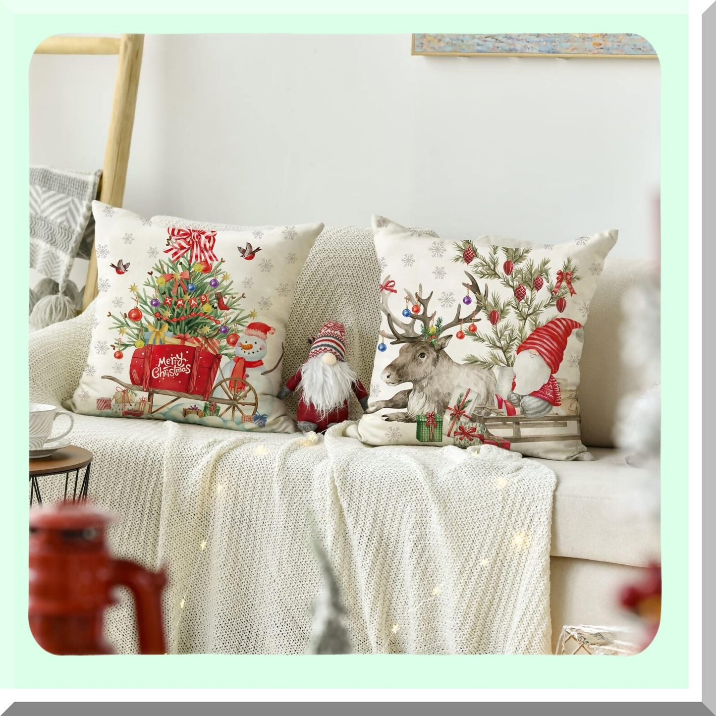 Winter Wonderland Pillow Cover Set - Farmhouse Christmas Decor 18x18 - Snowman Deer Tree Holiday Cushion Cases - Red Home Decoration for Living Room, Bed, Sofa, Couch, Bench - Indoor/Outdoor