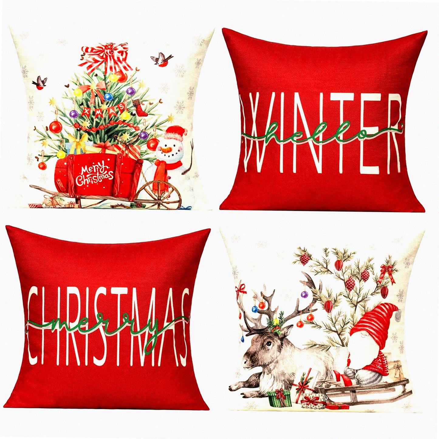 Winter Wonderland Pillow Cover Set - Farmhouse Christmas Decor 18x18 - Snowman Deer Tree Holiday Cushion Cases - Red Home Decoration for Living Room, Bed, Sofa, Couch, Bench - Indoor/Outdoor