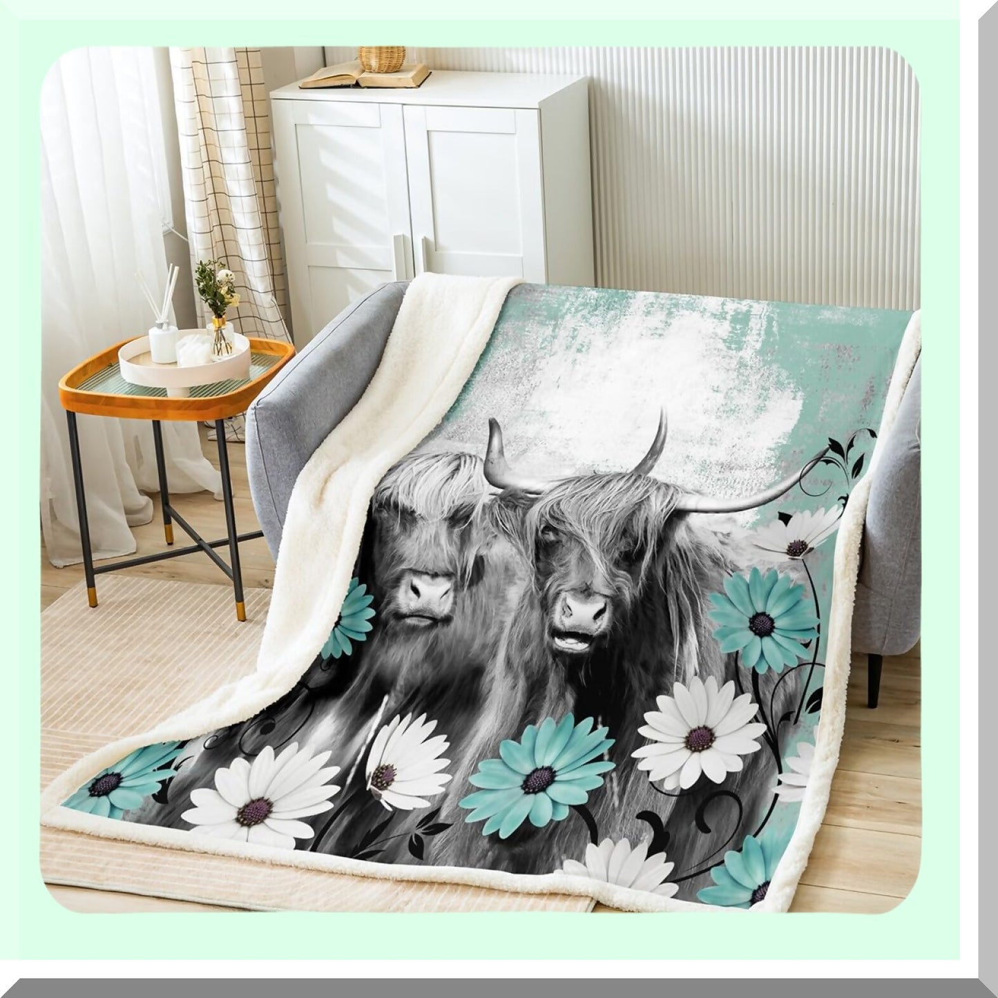 Rustic Highland Cow Sherpa Throw - Teal Farmhouse Fleece Blanket with Daisy Floral Design, 50"x60" Cozy Western Decor for Living Room or Bedroom